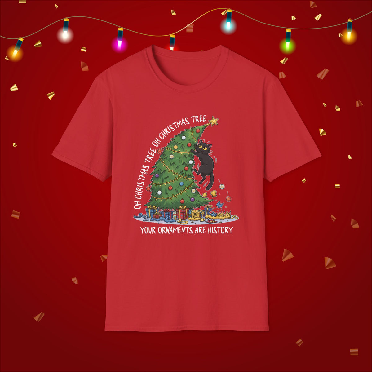 Funny Cat Christmas Shirt What? Christmas Tree Knocked Over Tee Cute Holiday Cat Lover T-Shirt Humorous Xmas Gift for Pet Owners, Soft Style