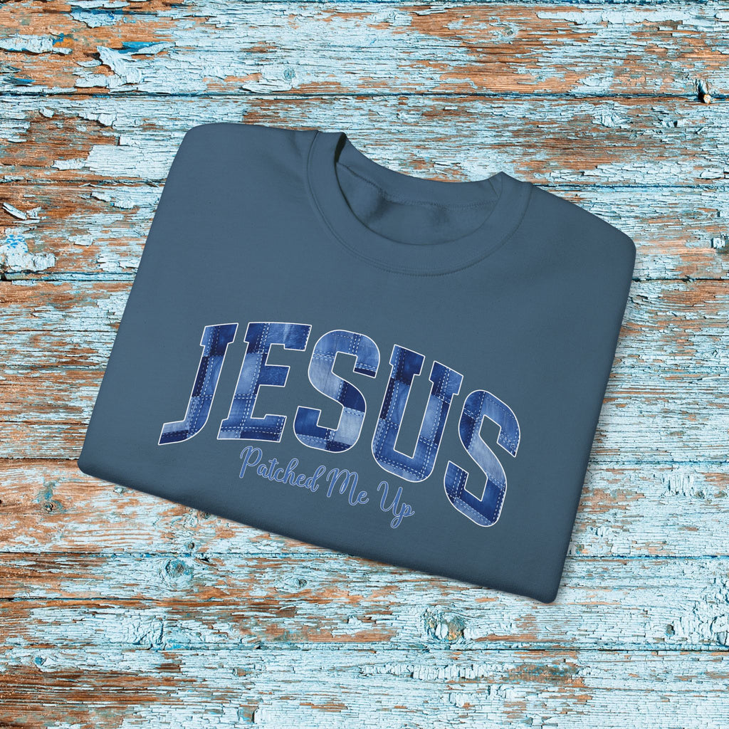 Christian Jesus Denim Patchwork Sweatshirt, Cute Baptism Gift, Cozy Religious Crewneck for Mom or Grandma, Faith Bible Study Church Wear