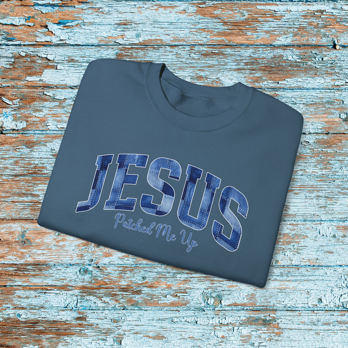 Christian Jesus Denim Patchwork Sweatshirt, Cute Baptism Gift, Cozy Religious Crewneck for Mom or Grandma, Faith Bible Study Church Wear