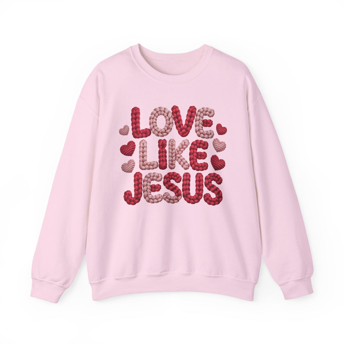 Love Like Jesus Faux Yarn Sweatshirt, Christian Valentine Crewneck, Knitted Look Faith Sweater, Religious Gift for Her Him, Gildan 18000