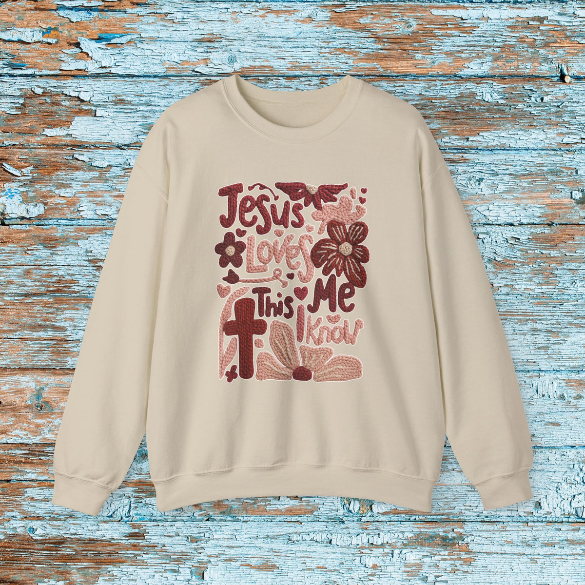 Jesus Loves Me Sweatshirt, Christian Boho Faux Yarn Crewneck, Faith Floral Sunday School Church Shirt Gildan 18000 Unisex Sweater