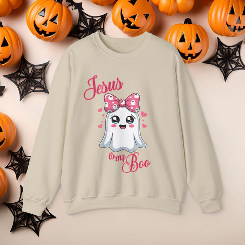 Christian Halloween Jesus is my Boo Cute Fall Fun Spooky Pumpkin Cozy Season Crewneck Sweatshirt Church Small Group Bible Study Shirt