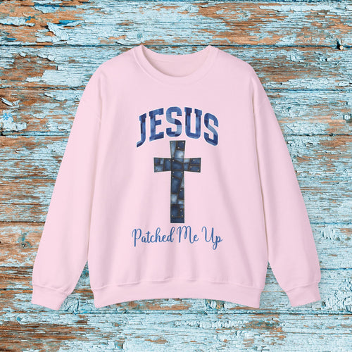 Christian Cross Denim Patchwork Crewneck Sweatshirt Cute Baptism Religious Cozy Season Gift for Mom Grandma Bible Study Witness for Christ