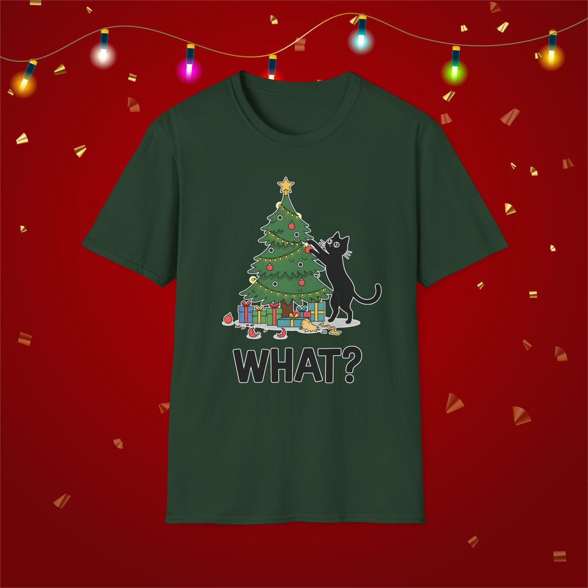 Funny Cat Christmas Shirt What? Christmas Tree Knocked Over Tee Cute Holiday Cat Lover T-Shirt Humorous Xmas Gift for Pet Owners, Soft Style