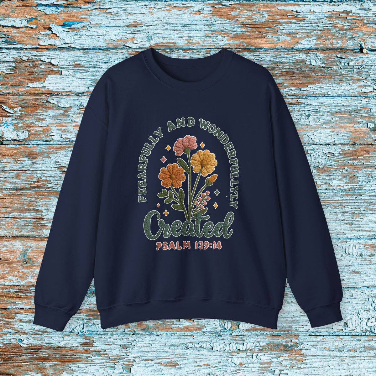 Fearfully and Wonderfully Created Sweatshirt, Psalm 139:14 Christian Crewneck, Faux Crochet Yarn Look Faith Sweater
