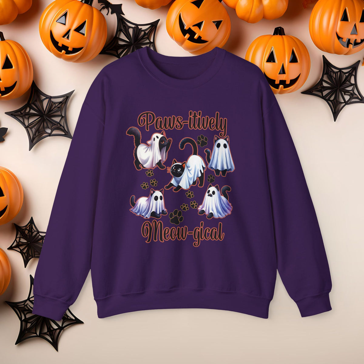 Funny Halloween Cat Ghost Crewneck Cute Fall Fun Spooky Pumpkin Cozy Season Sweatshirt