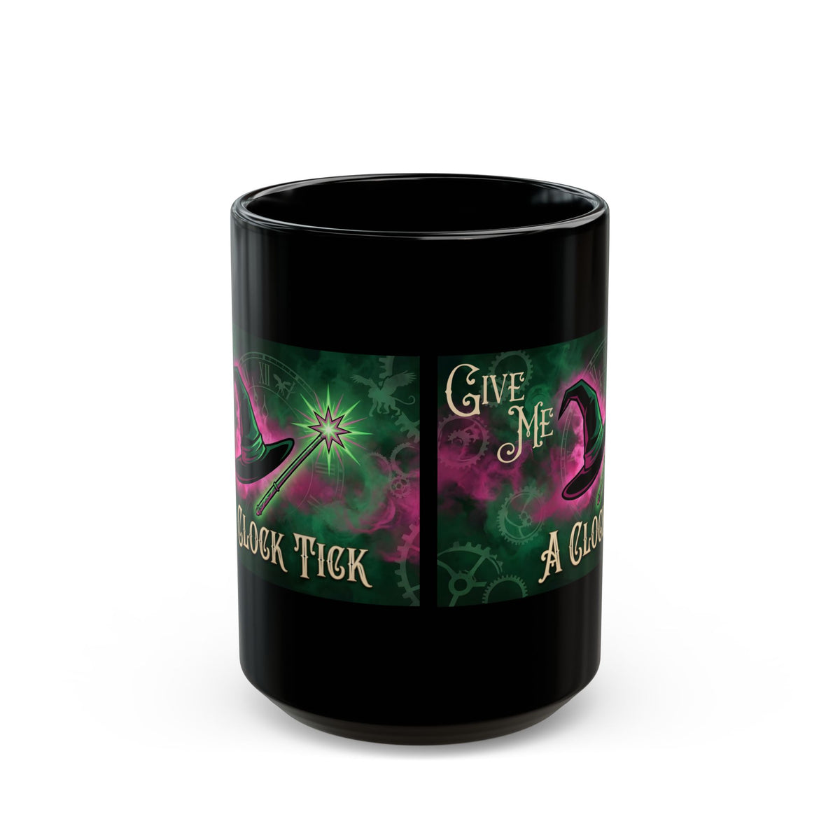 Funny Give Me a Clock Tick Wicked Black Mug (11oz, 15oz) Morning Coffee, Afternoon Tea Cup, Bestie Gift, Good vs Bad, Witch Hat Magic Wand