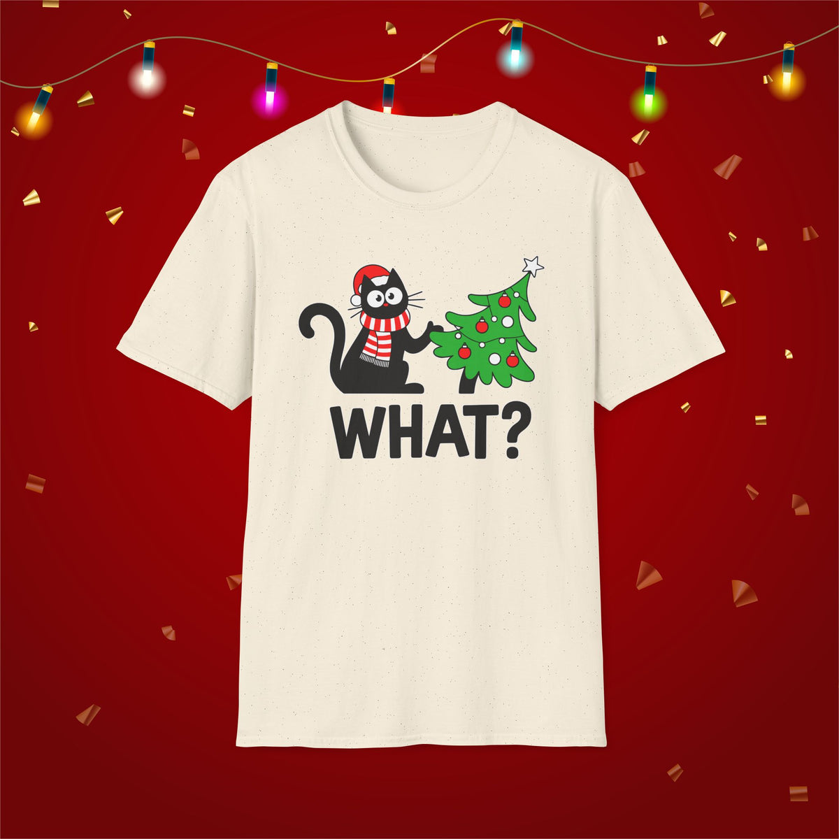 Funny Cat Christmas Shirt What? Christmas Tree Knocked Over Tee Cute Holiday Cat Lover T-Shirt Humorous Xmas Gift for Pet Owners, Soft Style
