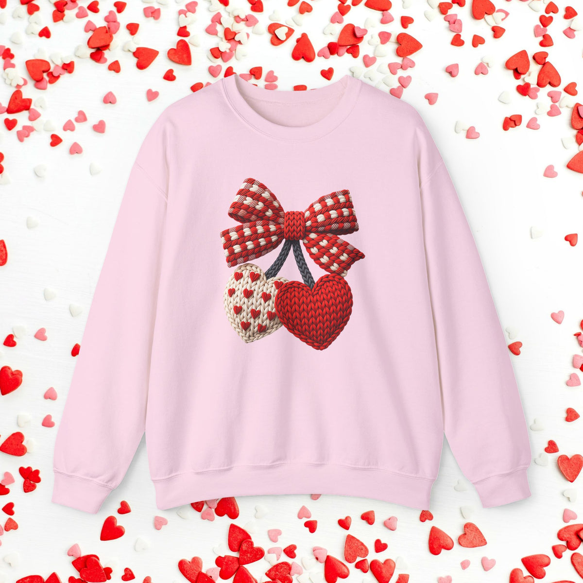 Faux Crochet Heart Cherry Sweatshirt, Valentine Faux Yarn Crewneck, Cozy Valentine Sweater, Romantic Gift for Her, Cute Heart Teacher