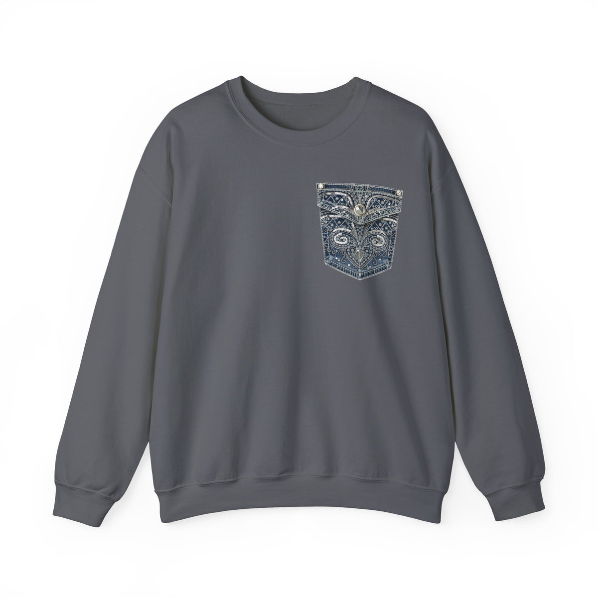Faux Denim Pocket Sweatshirt, Embellished Pocket Crewneck, Unisex Cozy Sweater, Gildan 18000 Pullover Gift