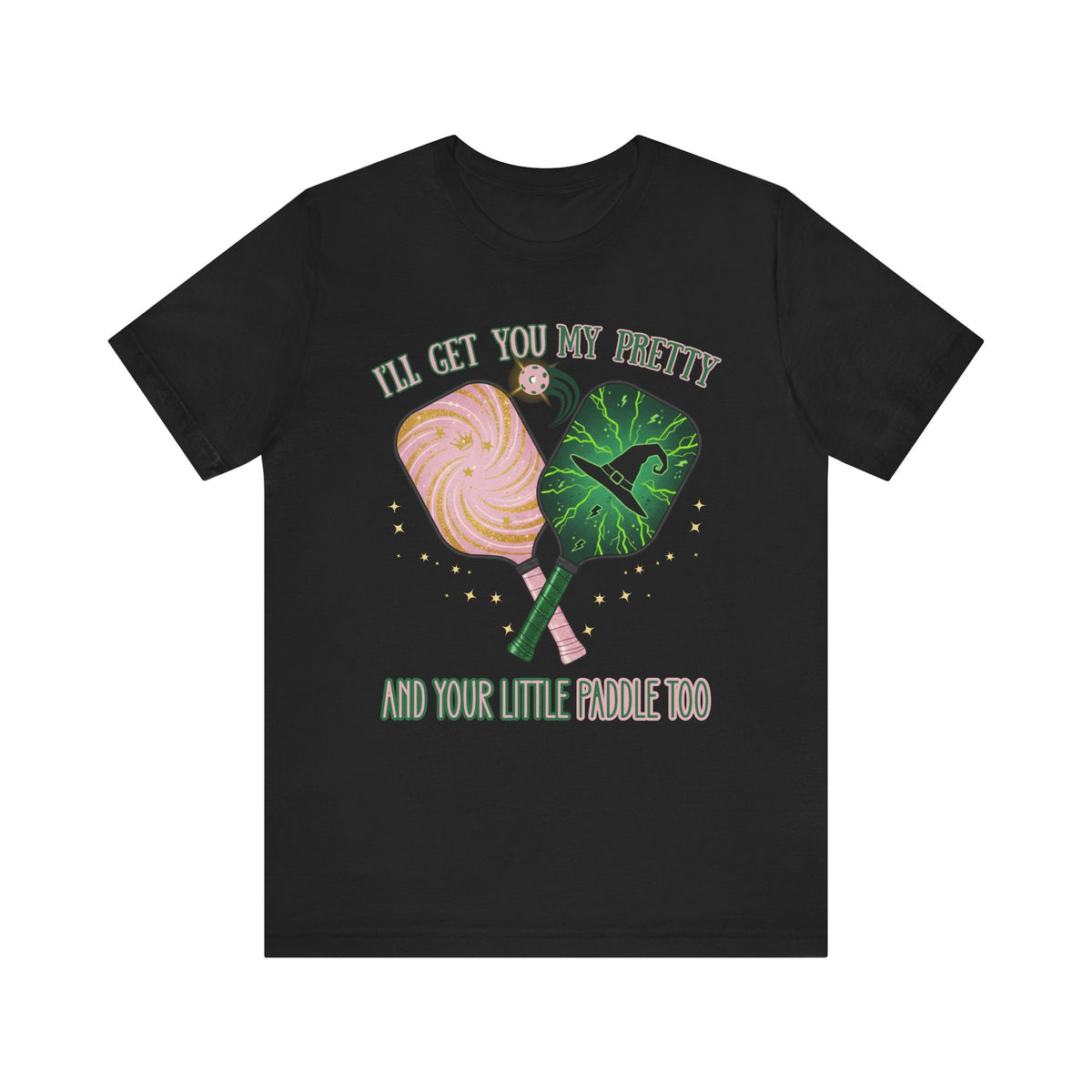 Funny Wicked Pickleball Shirt, Defy Gravity Broomstick Magic Wand Shirt, Tiara Witch Hat Wizard of Oz Tee, Witch Pink and Green T-Shirt
