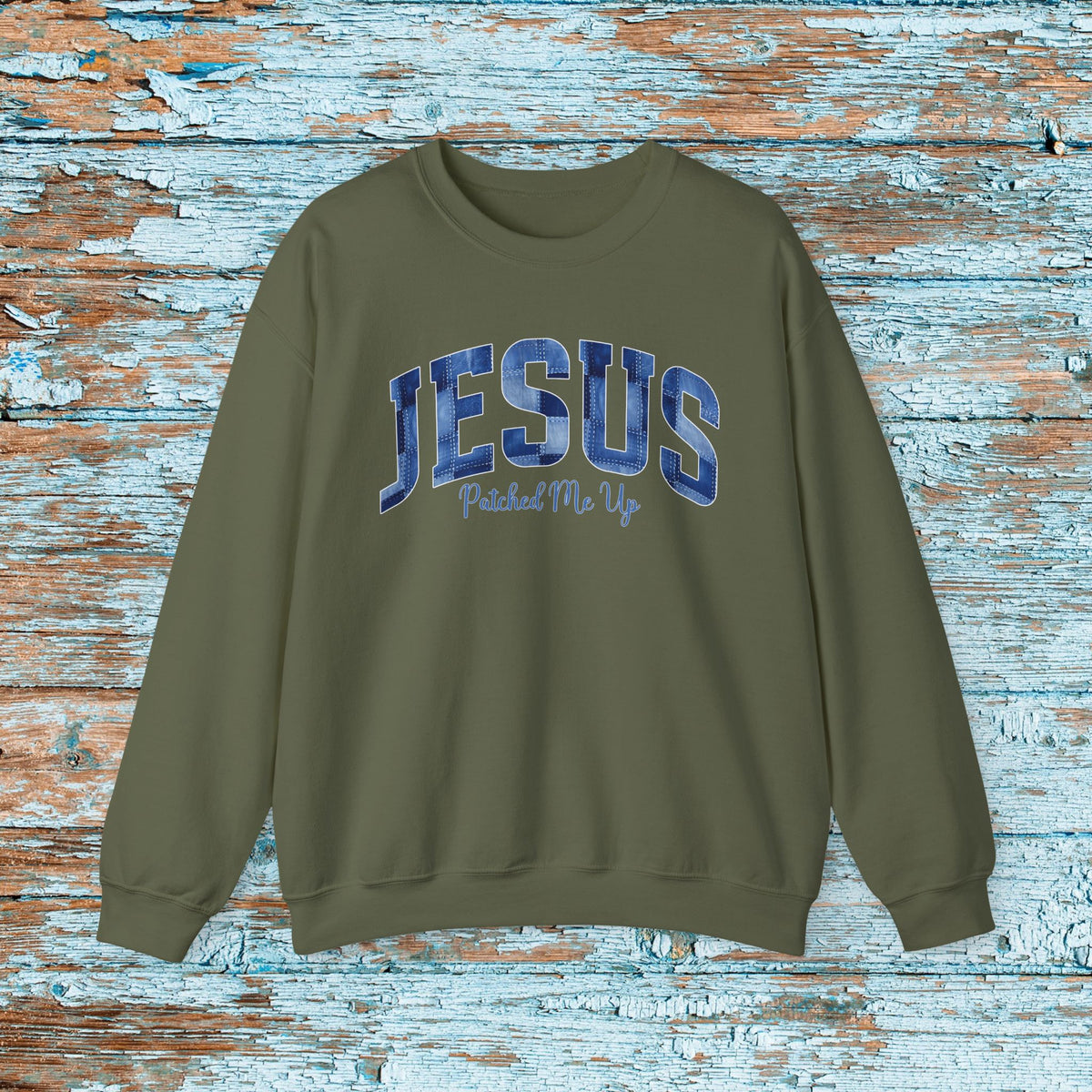 Christian Jesus Denim Patchwork Sweatshirt, Cute Baptism Gift, Cozy Religious Crewneck for Mom or Grandma, Faith Bible Study Church Wear