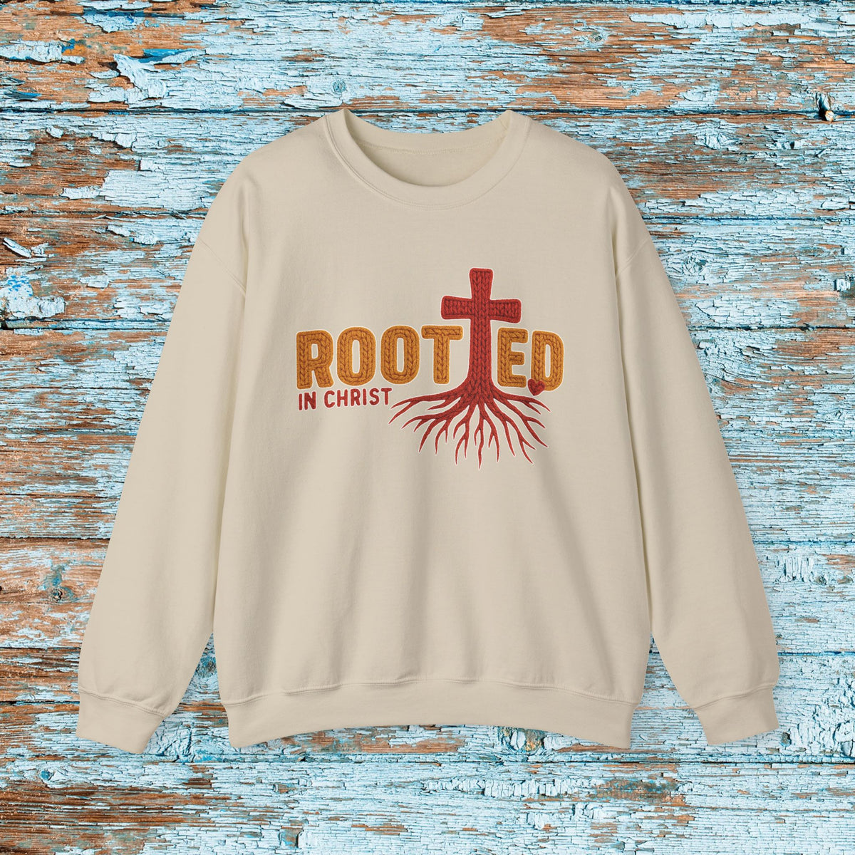 Rooted in Christ Sweatshirt, Christian Crewneck with Cross and Roots, Faith Based Gildan 18000 Unisex Sweater
