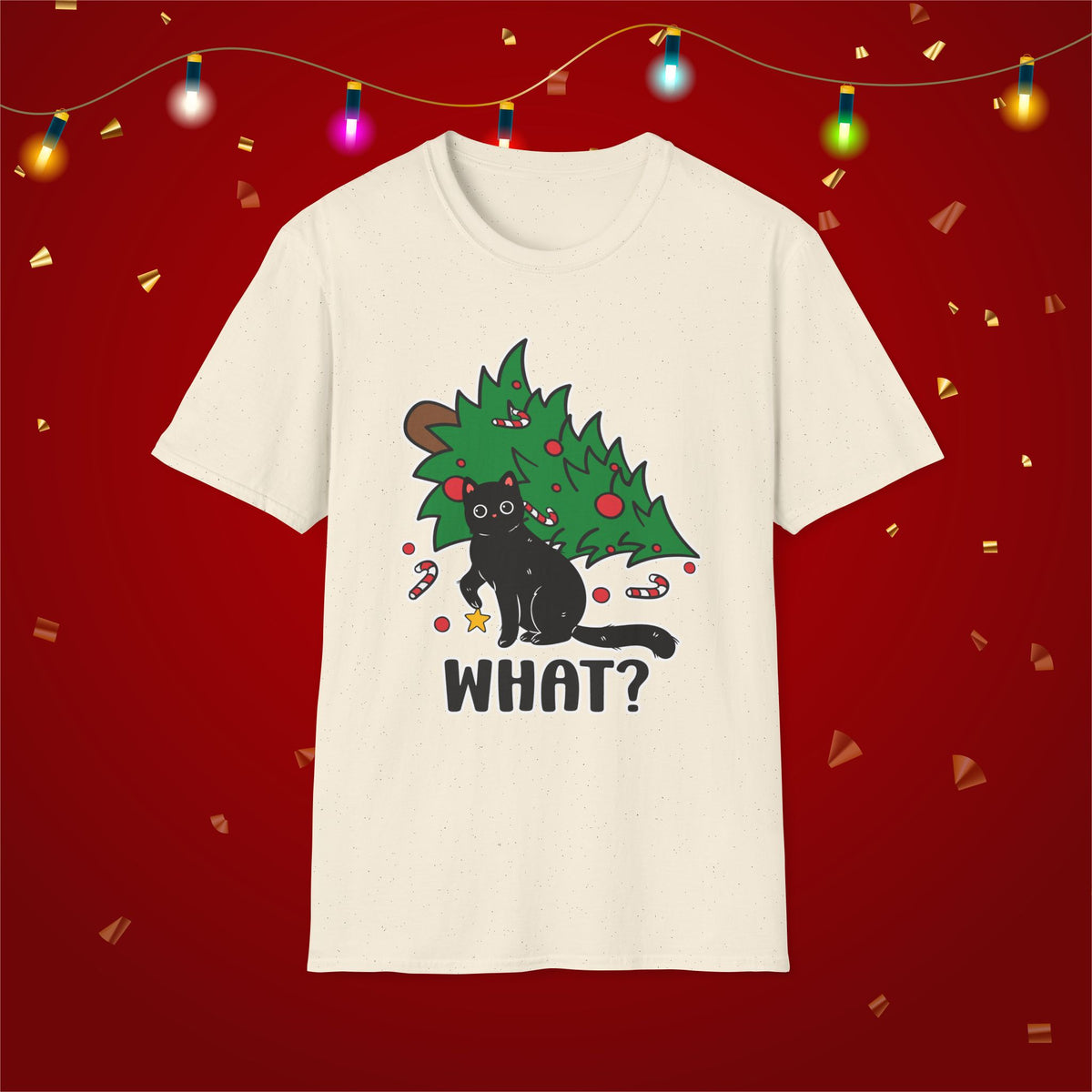 Funny Cat Christmas Shirt What? Christmas Tree Knocked Over Tee Cute Holiday Cat Lover T-Shirt Humorous Xmas Gift for Pet Owners, Soft Style