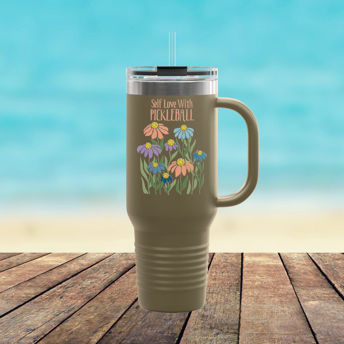 Self Love With Pickleball 40oz Tumbler, Floral Pickleball Travel Mug With Handle, Insulated Stainless Steel Cup, Pickleball Gift