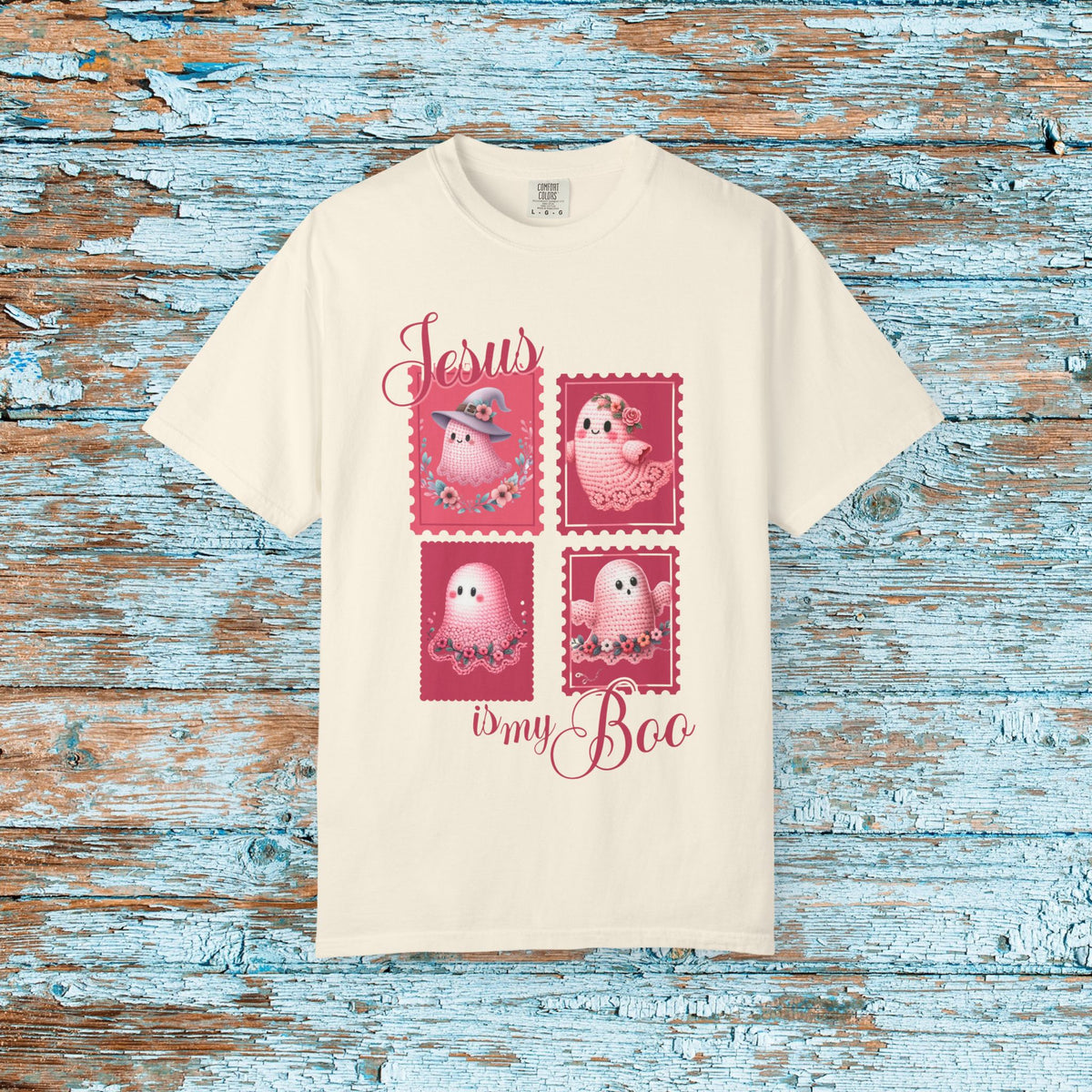 Comfort Colors Christian Halloween Jesus is my Boo Cute Crochet Ghost Postage Stamp Aesthetic Fall T-Shirt