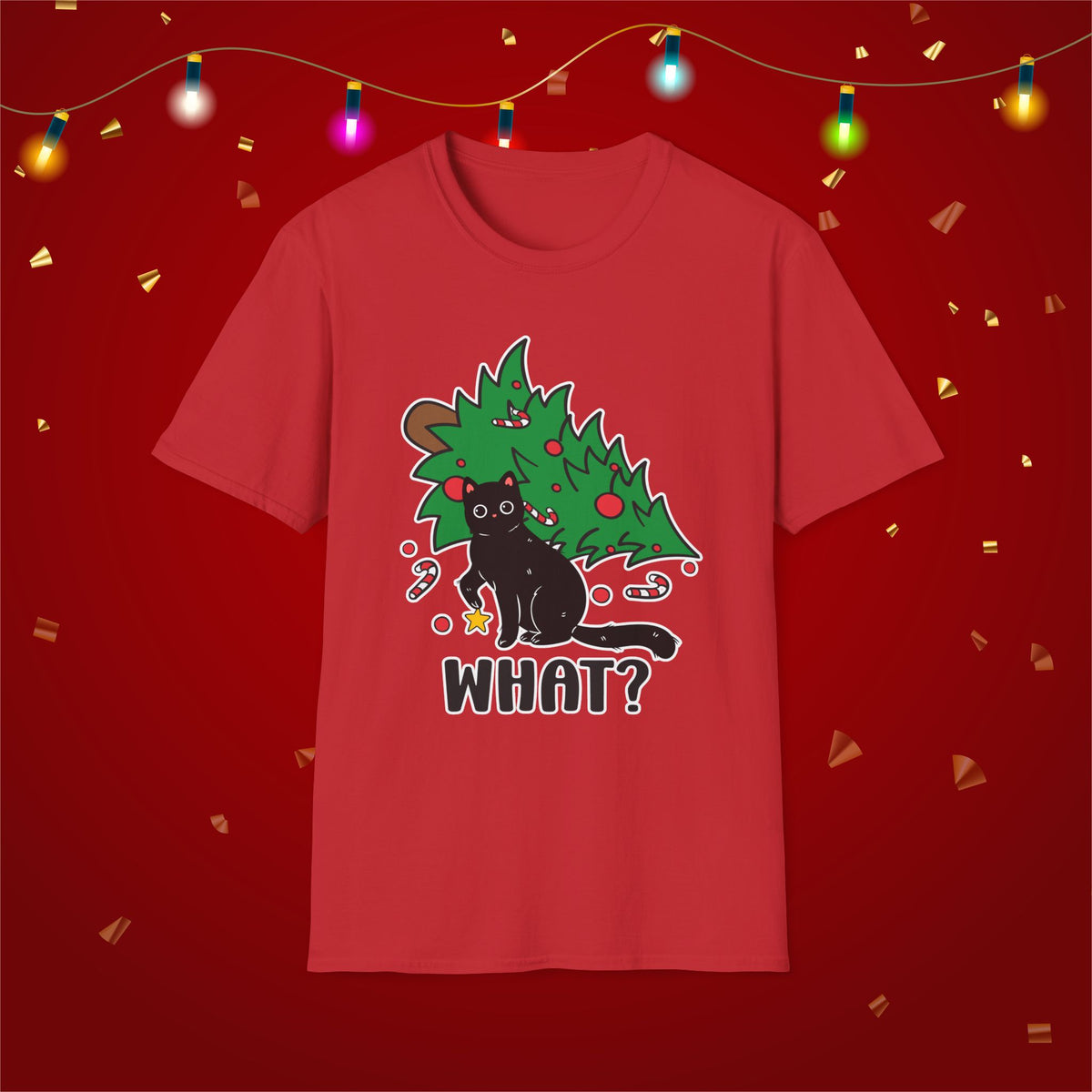 Funny Cat Christmas Shirt What? Christmas Tree Knocked Over Tee Cute Holiday Cat Lover T-Shirt Humorous Xmas Gift for Pet Owners, Soft Style