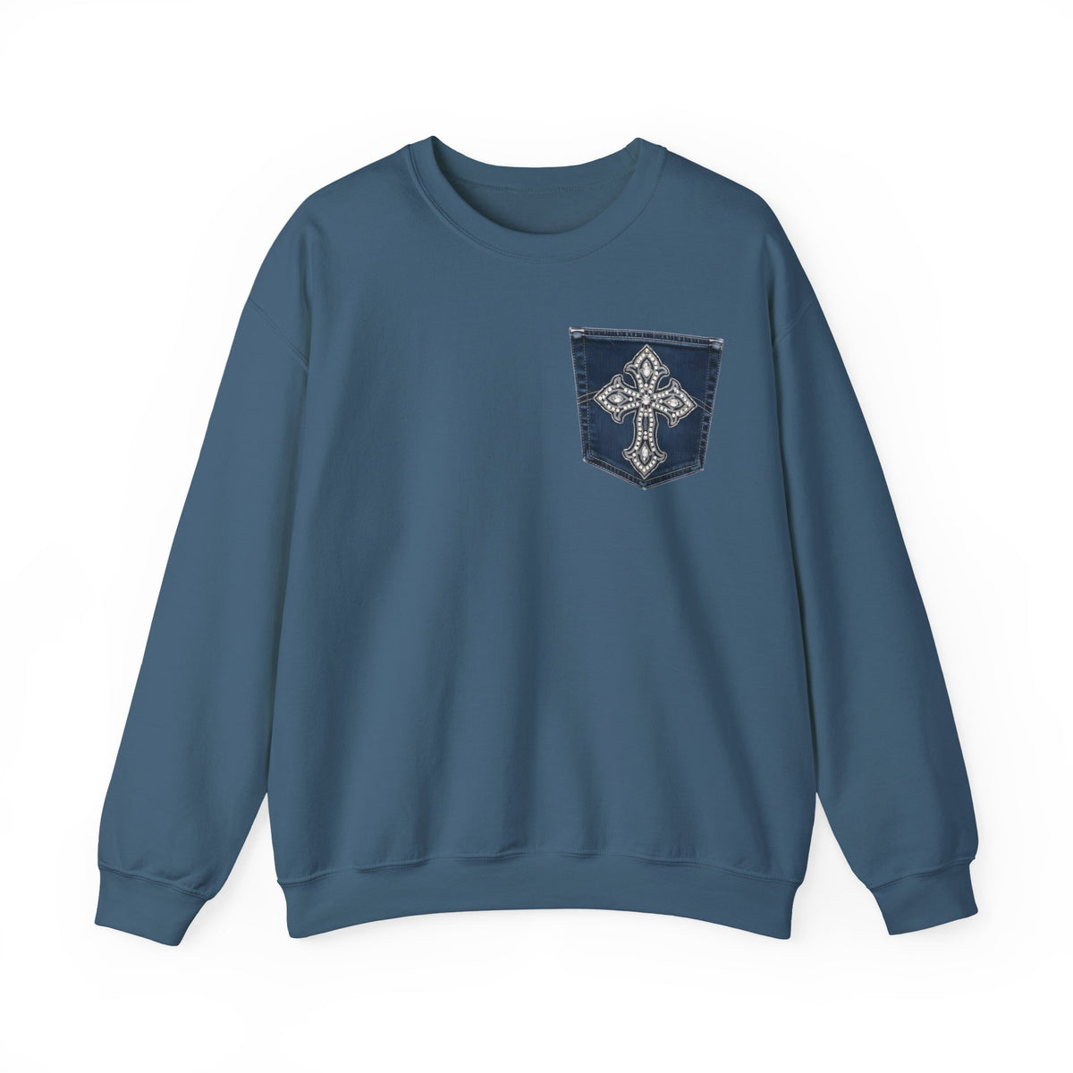 Faux Denim Pocket Sweatshirt, Cross Pocket Print Crewneck, Unisex Heavy Blend Christian Sweater, Faith Gift for Her Him, Gildan 18000