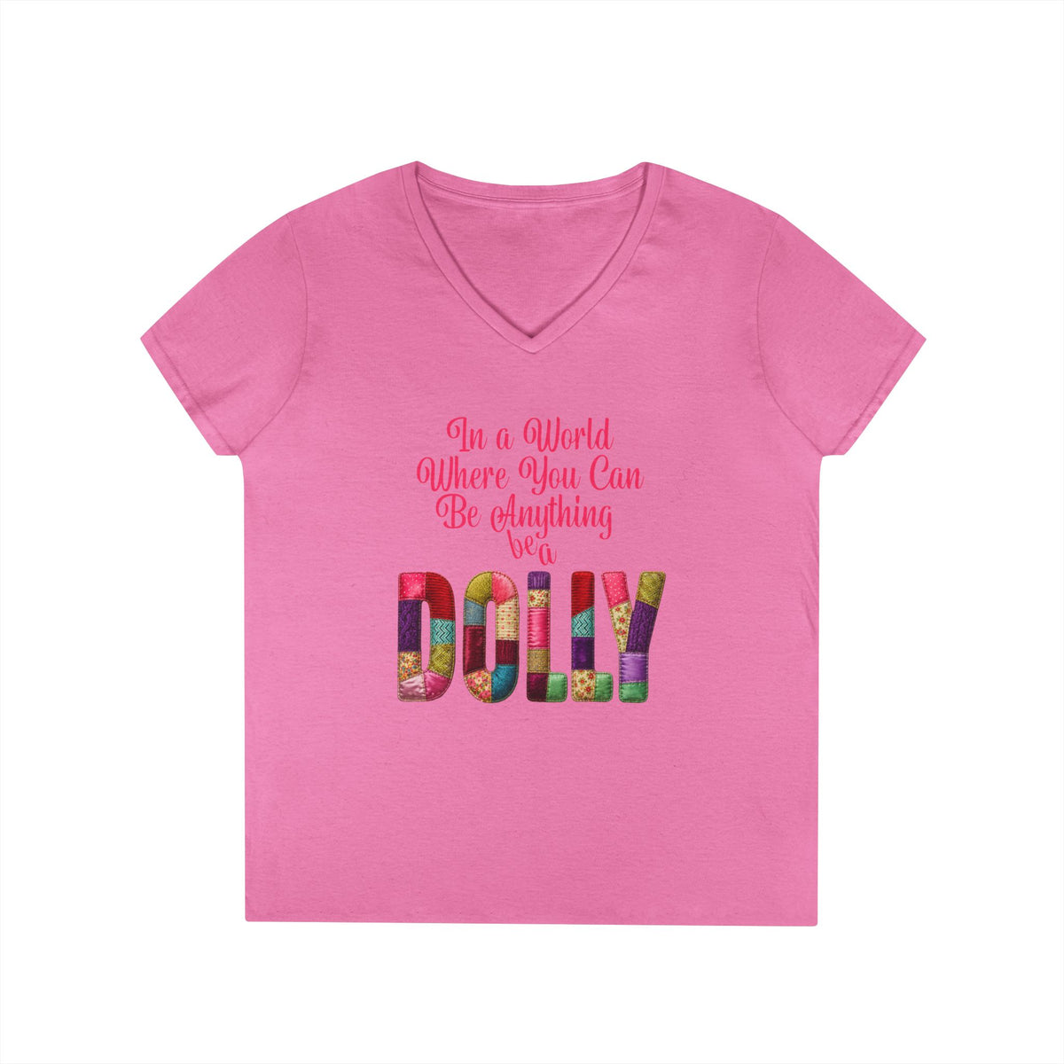 Dolly Tribute Shirt, Coat of Many Colors, Faux Quilt, Patchwork Aesthetic T-Shirt, Ladies' V-Neck T-Shirt