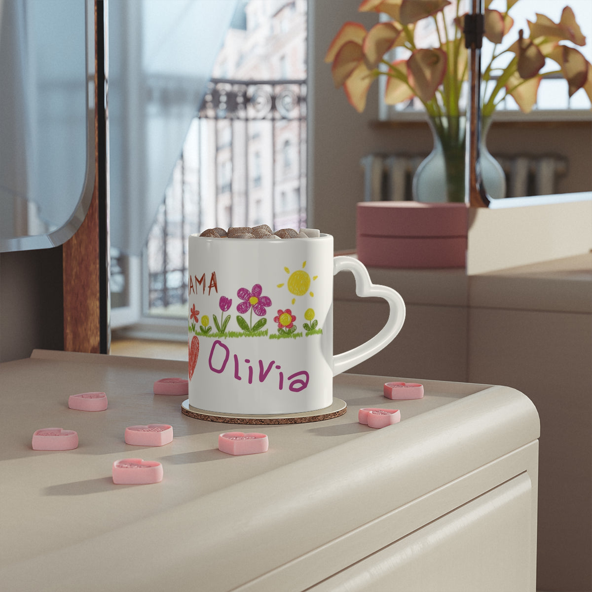 Mama Custom Art and Personalized Name, Heart-Shaped Coffee Tea Mug, Gift from Kids to Mom for Mother's Day, Birthday Gift, Christmas Present