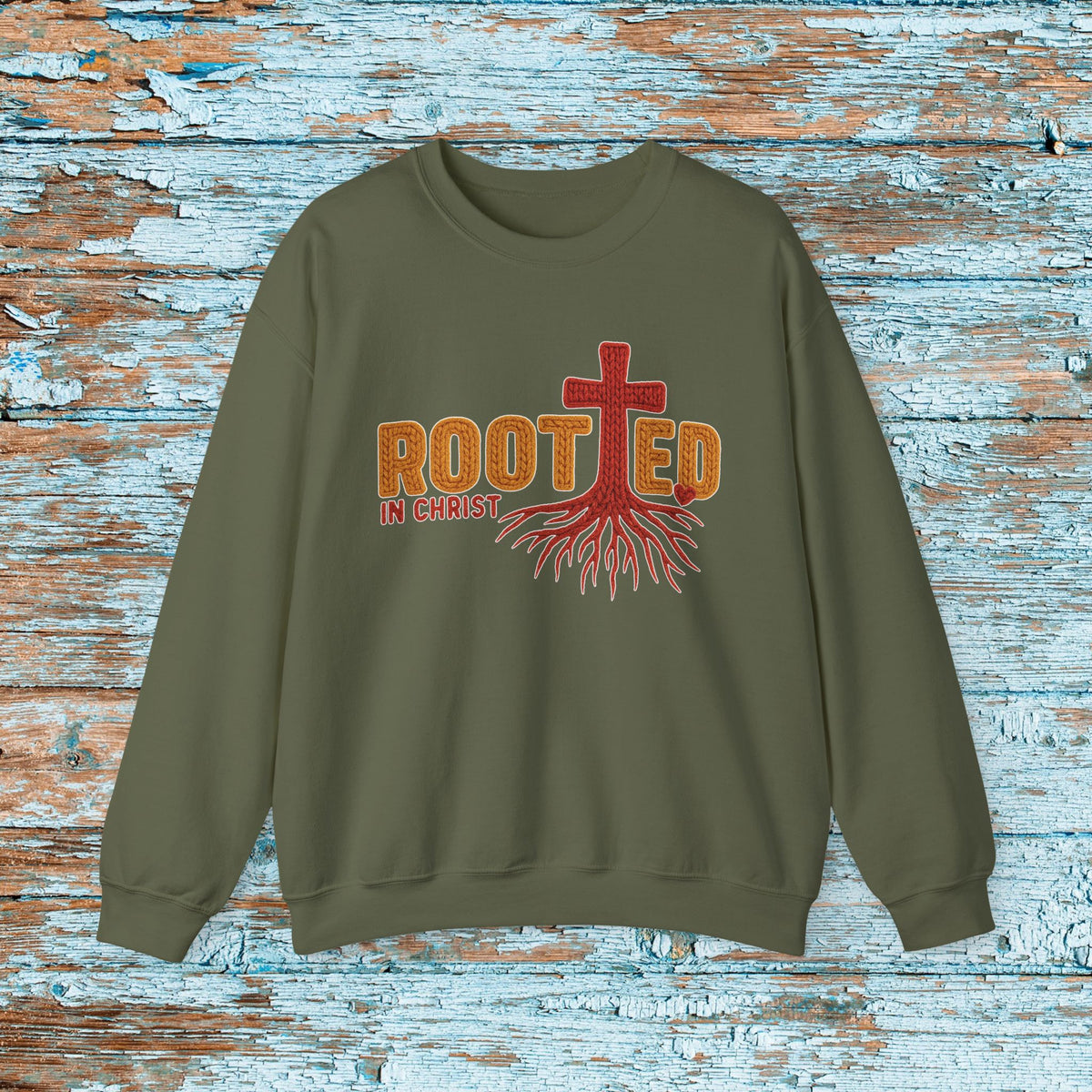 Rooted in Christ Sweatshirt, Christian Crewneck with Cross and Roots, Faith Based Gildan 18000 Unisex Sweater
