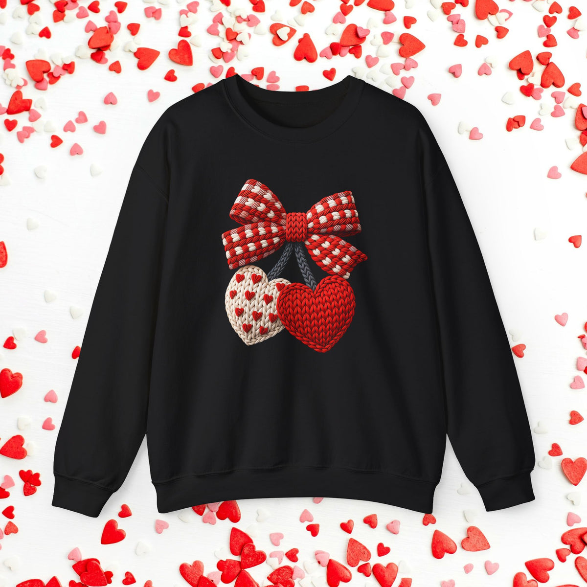 Faux Crochet Heart Cherry Sweatshirt, Valentine Faux Yarn Crewneck, Cozy Valentine Sweater, Romantic Gift for Her, Cute Heart Teacher
