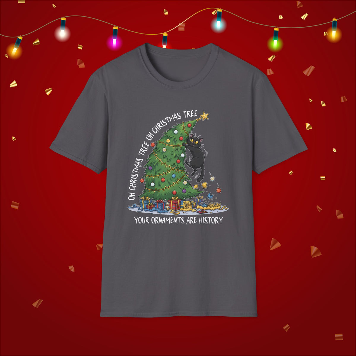 Funny Cat Christmas Shirt What? Christmas Tree Knocked Over Tee Cute Holiday Cat Lover T-Shirt Humorous Xmas Gift for Pet Owners, Soft Style