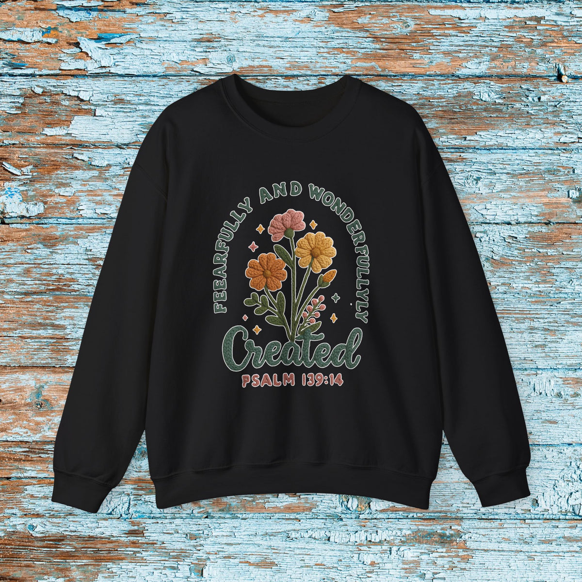 Fearfully and Wonderfully Created Sweatshirt, Psalm 139:14 Christian Crewneck, Faux Crochet Yarn Look Faith Sweater
