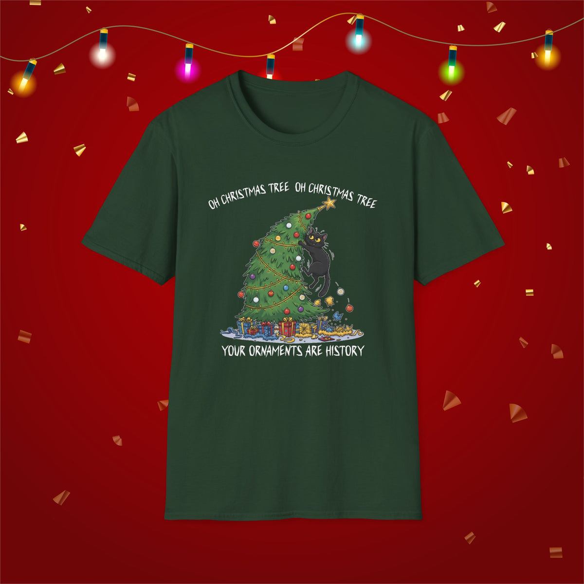 Funny Cat Christmas Shirt What? Christmas Tree Knocked Over Tee Cute Holiday Cat Lover T-Shirt Humorous Xmas Gift for Pet Owners, Soft Style