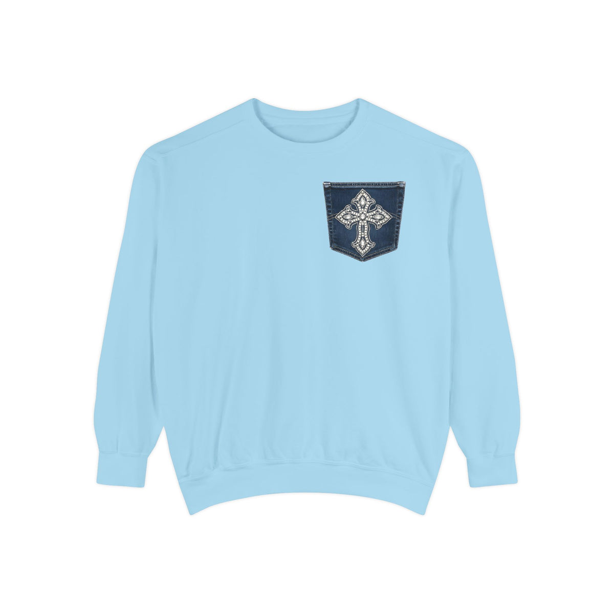 Comfort Colors Faux Denim Pocket Sweatshirt, Cross Pocket Print Crewneck, Garment Dyed Unisex Christian Sweater, Faith Gift for Her Him