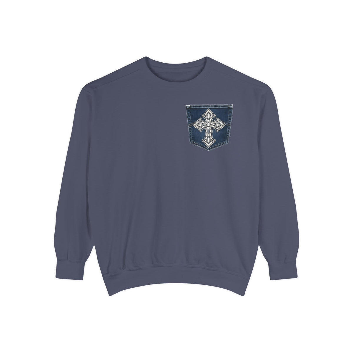 Comfort Colors Faux Denim Pocket Sweatshirt, Cross Pocket Print Crewneck, Garment Dyed Unisex Christian Sweater, Faith Gift for Her Him