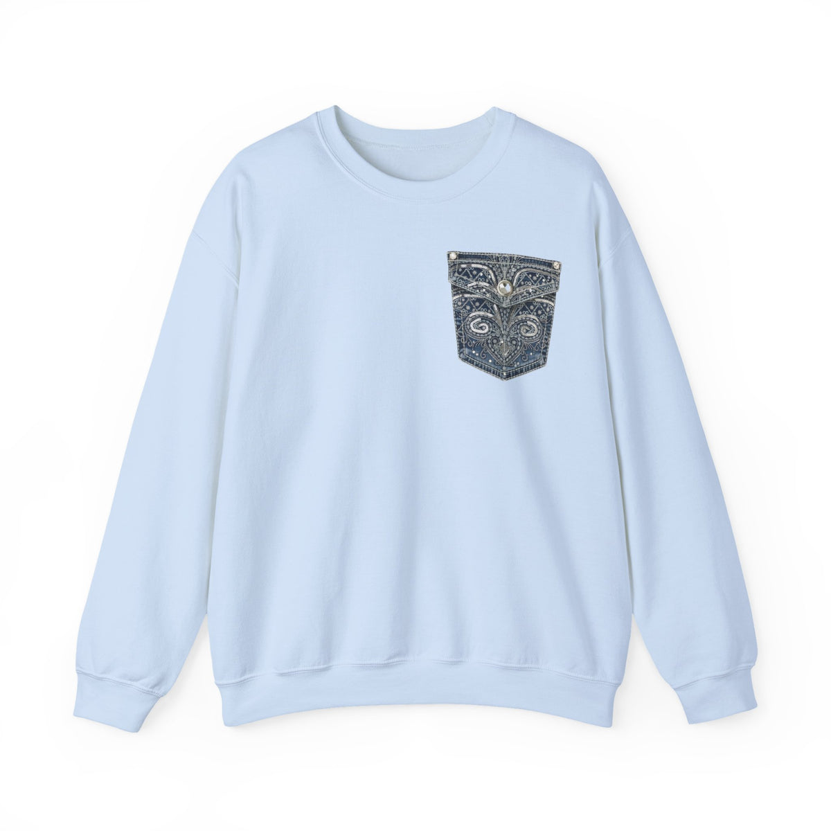 Faux Denim Pocket Sweatshirt, Bling Pocket Print Crewneck, Cozy Fun Denim Bling Pocket Look Sweater