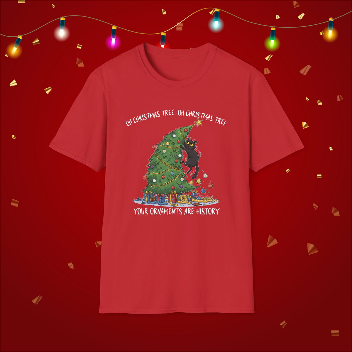 Funny Cat Christmas Shirt What? Christmas Tree Knocked Over Tee Cute Holiday Cat Lover T-Shirt Humorous Xmas Gift for Pet Owners, Soft Style