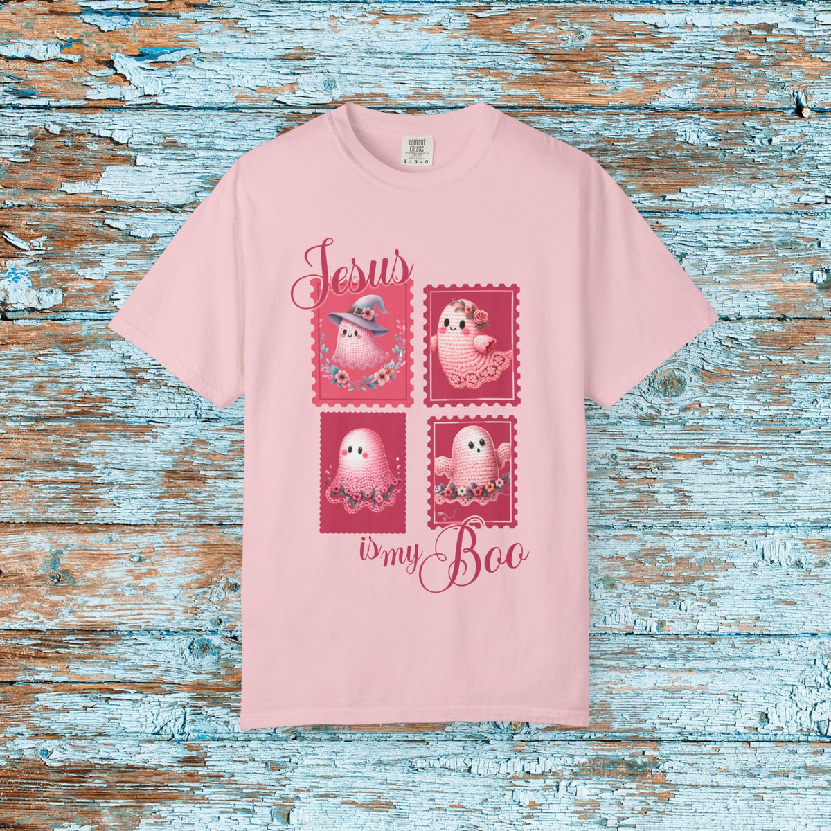 Comfort Colors Christian Halloween Jesus is my Boo Cute Crochet Ghost Postage Stamp Aesthetic Fall T-Shirt