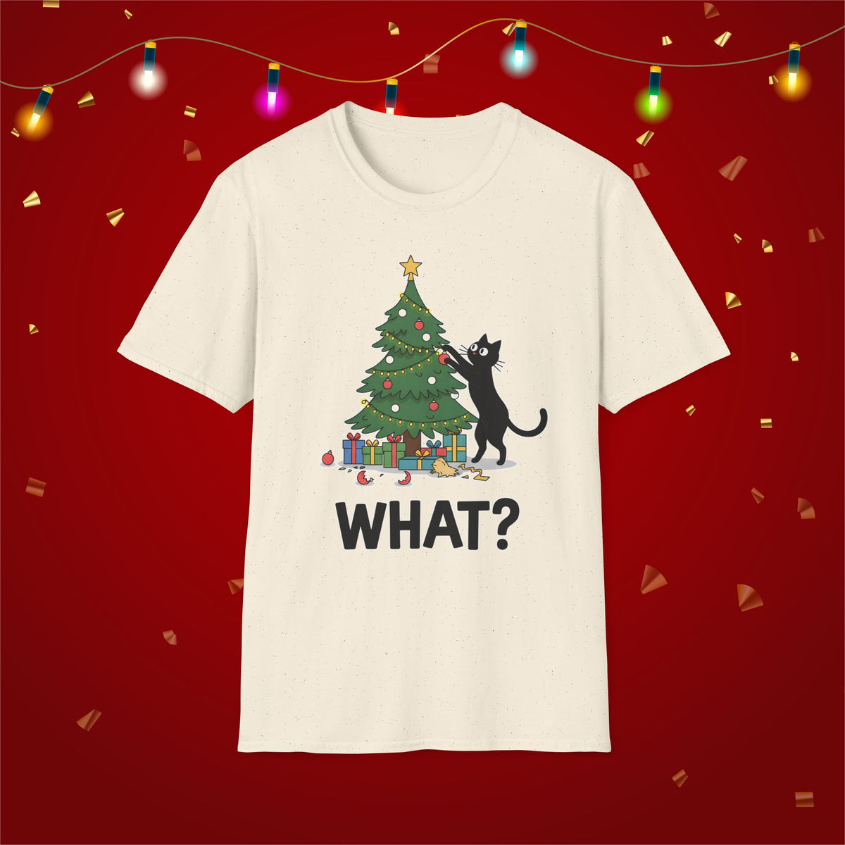 Funny Cat Christmas Shirt What? Christmas Tree Knocked Over Tee Cute Holiday Cat Lover T-Shirt Humorous Xmas Gift for Pet Owners, Soft Style