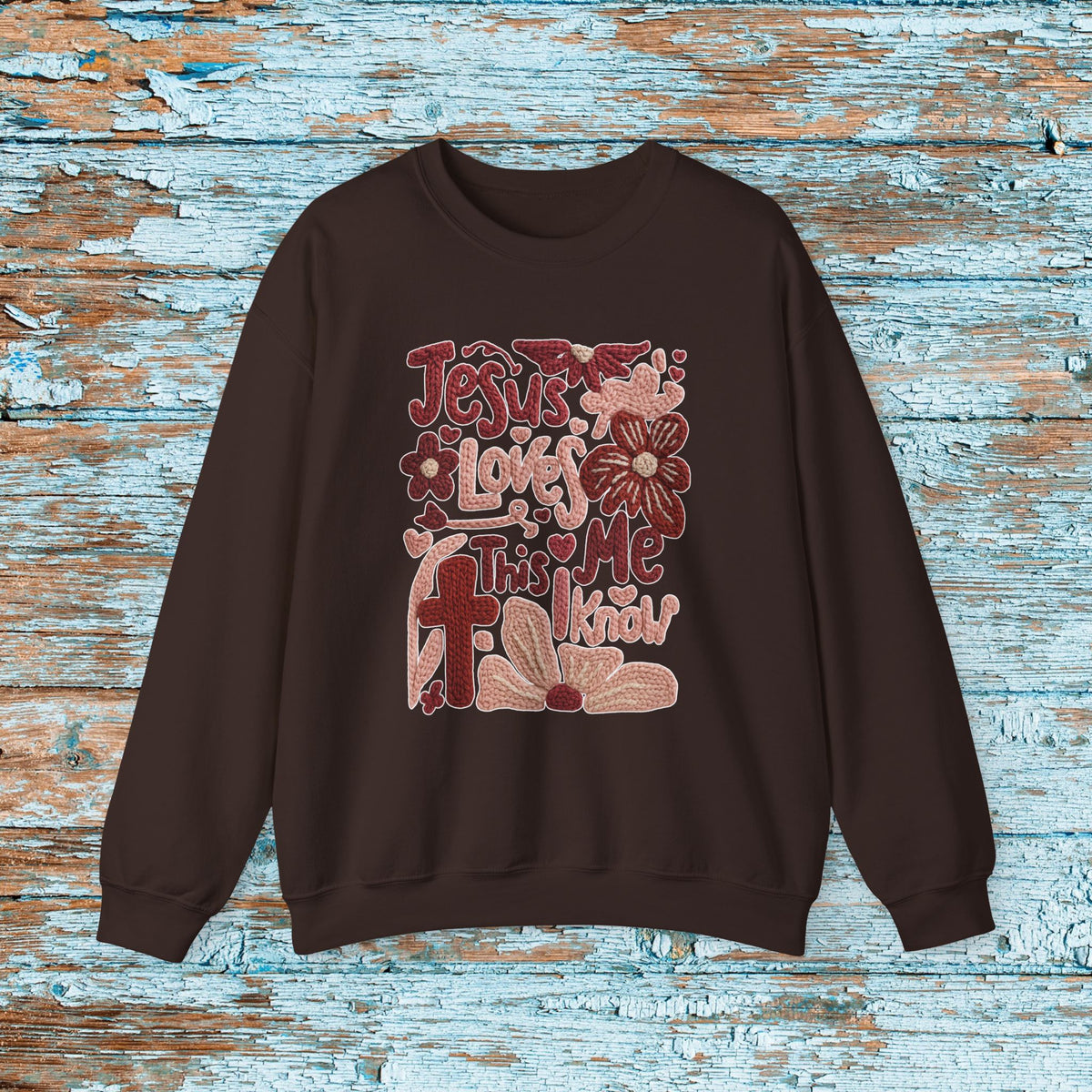 Jesus Loves Me Sweatshirt, Christian Boho Faux Yarn Crewneck, Faith Floral Sunday School Church Shirt Gildan 18000 Unisex Sweater
