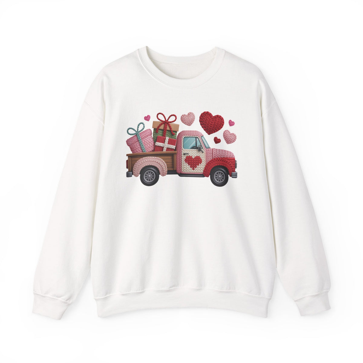 Valentine Truck Faux Yarn Sweatshirt, Pink Gildan 18000 Crewneck, Knitted Look Valentine Sweater, Vintage Truck Heart Gift
