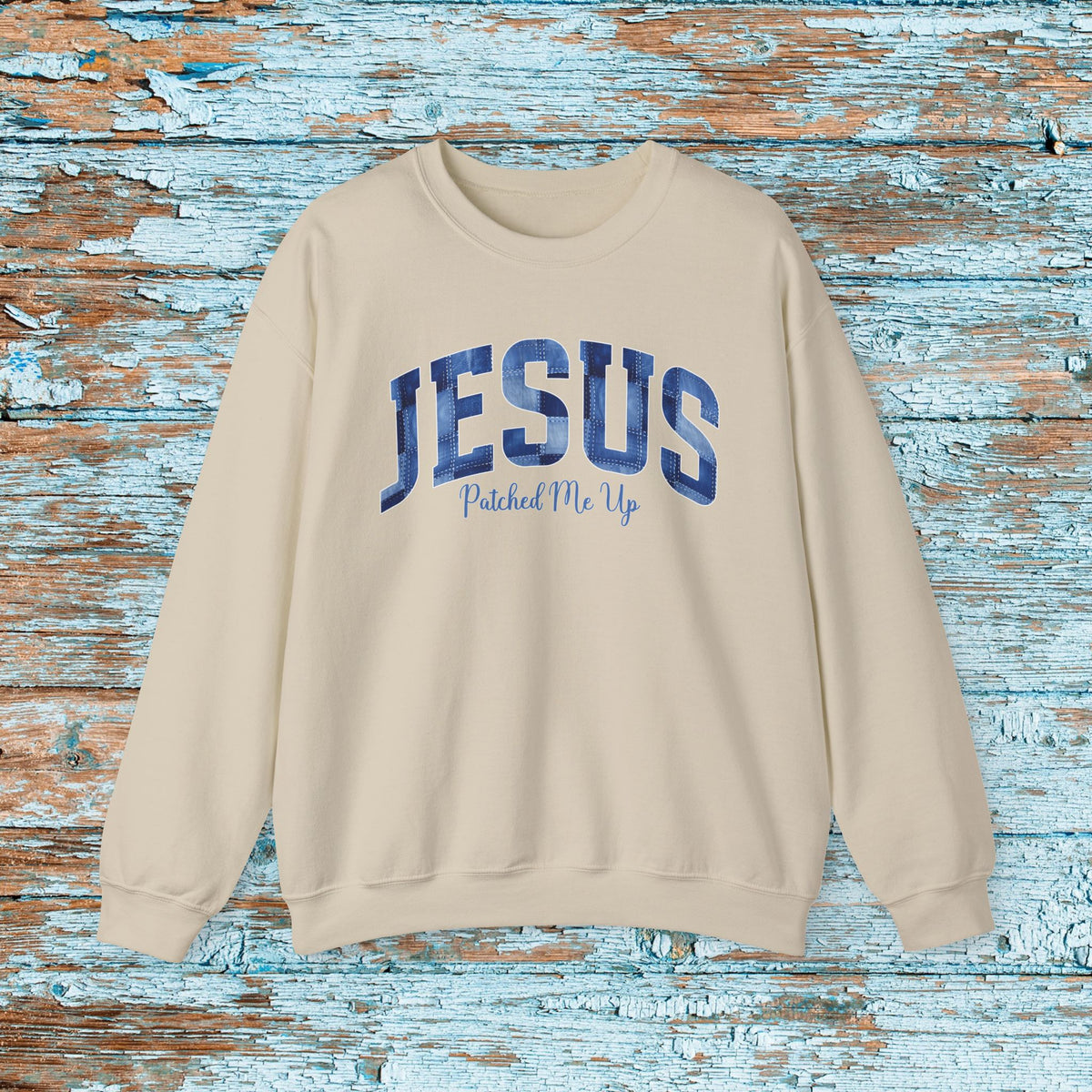 Christian Jesus Denim Patchwork Sweatshirt, Cute Baptism Gift, Cozy Religious Crewneck for Mom or Grandma, Faith Bible Study Church Wear