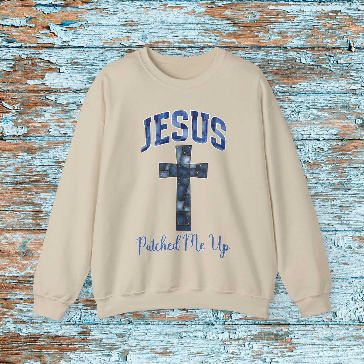 Christian Cross Denim Patchwork Crewneck Sweatshirt Cute Baptism Religious Cozy Season Gift for Mom Grandma Bible Study Witness for Christ