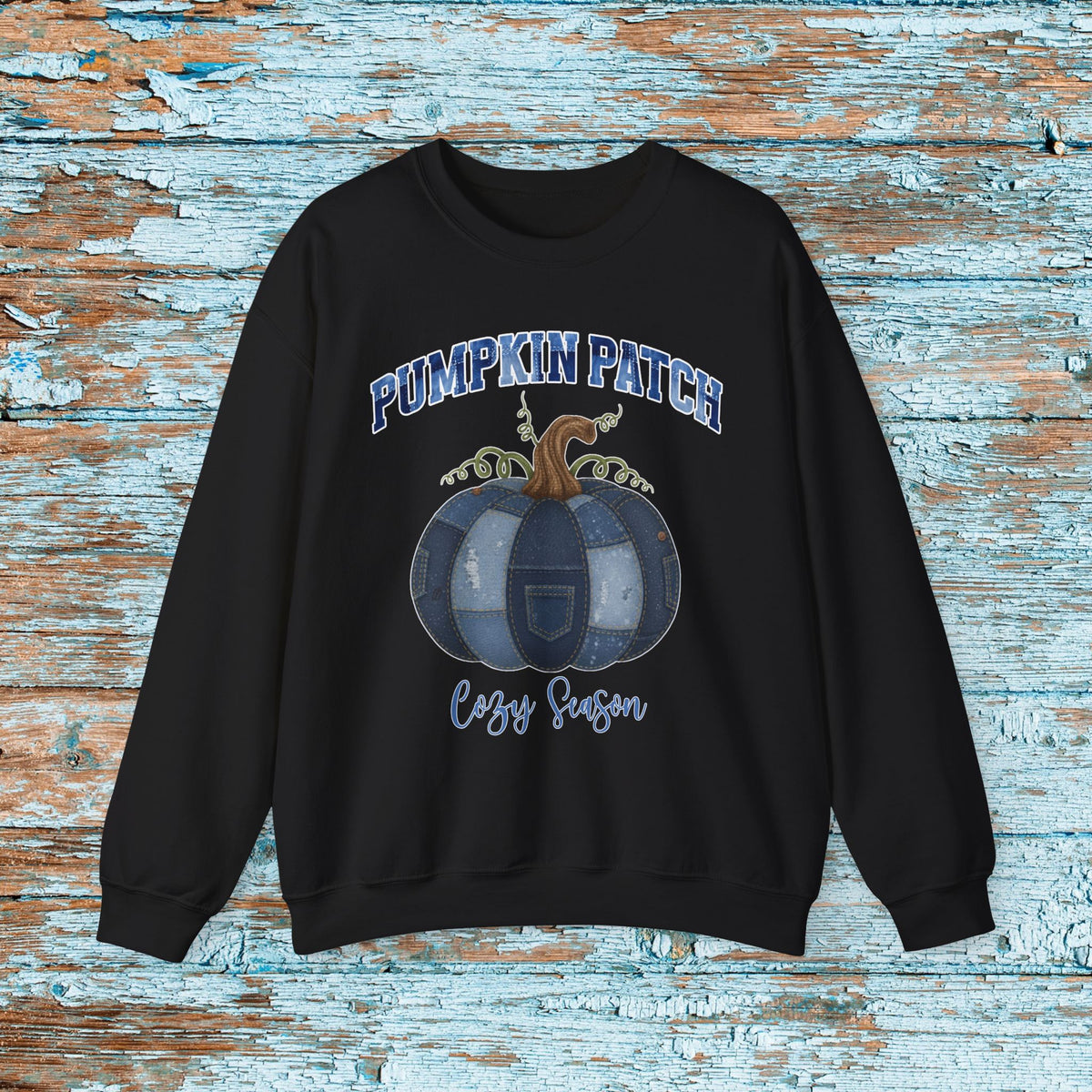 Halloween Pumpkin Patch Denim Patchwork Crewneck Sweatshirt Cute Fall Fun Pumpkin Cozy Season Sweatshirt