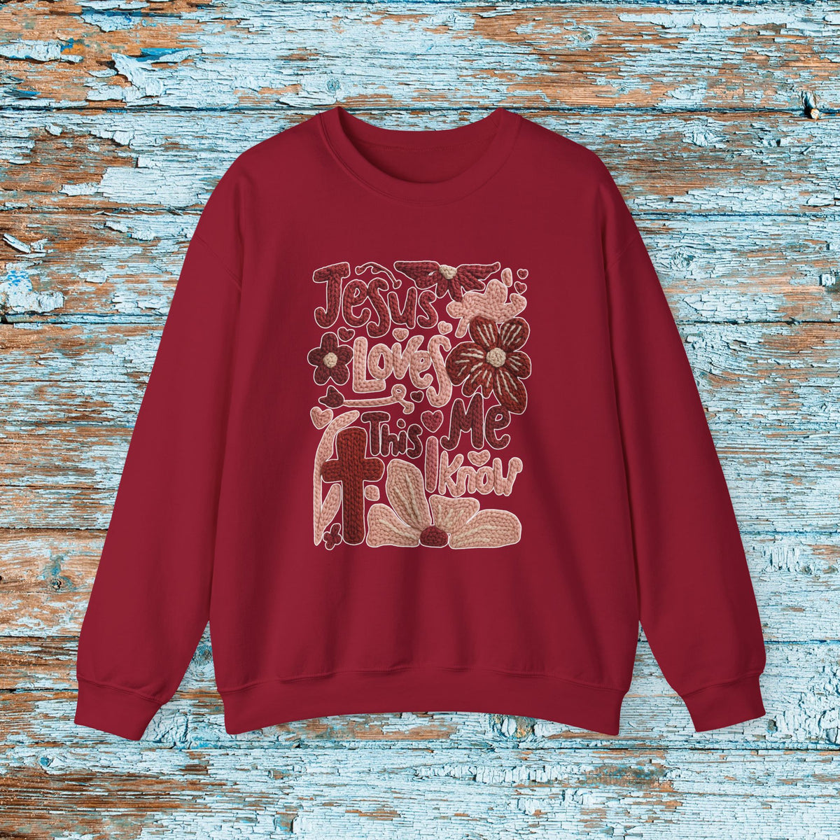 Jesus Loves Me Sweatshirt, Christian Boho Faux Yarn Crewneck, Faith Floral Sunday School Church Shirt Gildan 18000 Unisex Sweater