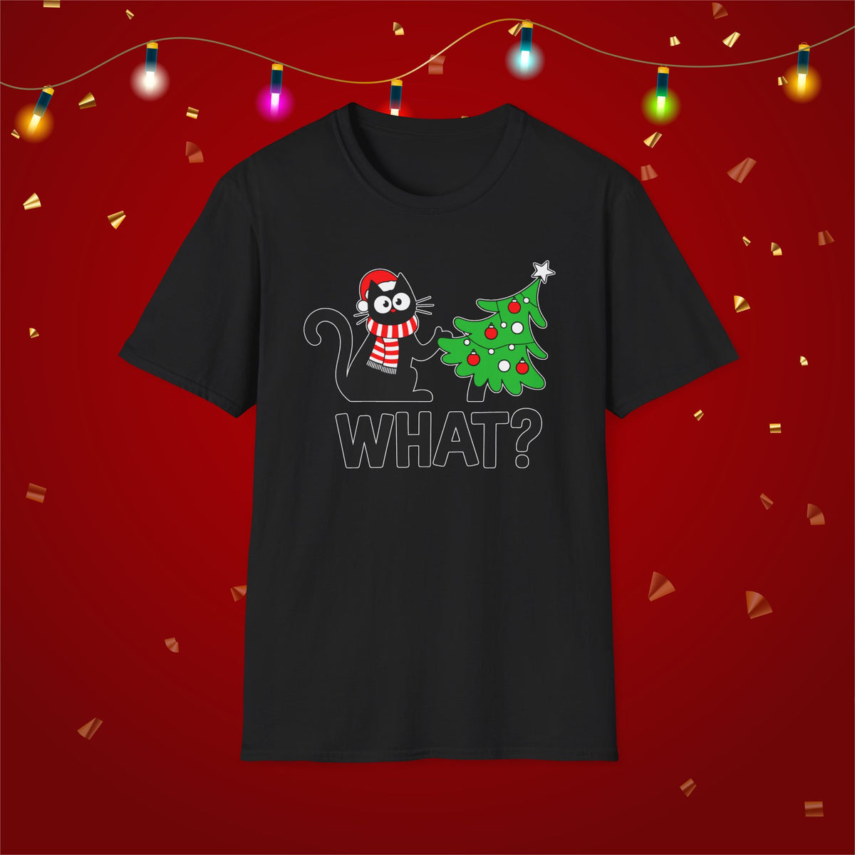 Funny Cat Christmas Shirt What? Christmas Tree Knocked Over Tee Cute Holiday Cat Lover T-Shirt Humorous Xmas Gift for Pet Owners, Soft Style