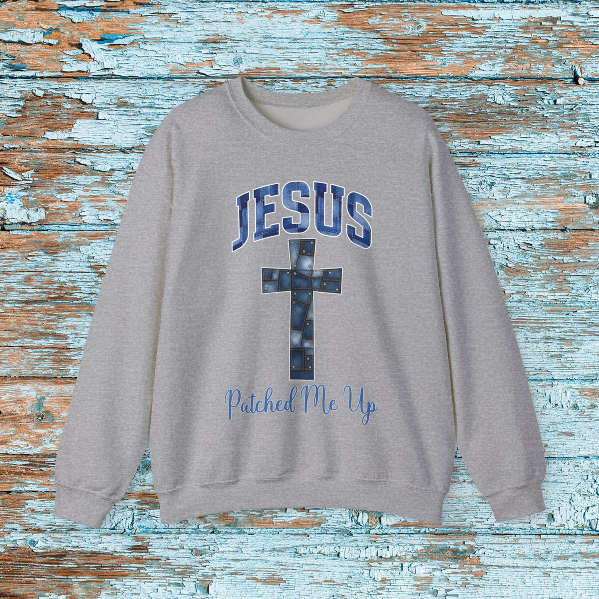 Christian Cross Denim Patchwork Crewneck Sweatshirt Cute Baptism Religious Cozy Season Gift for Mom Grandma Bible Study Witness for Christ
