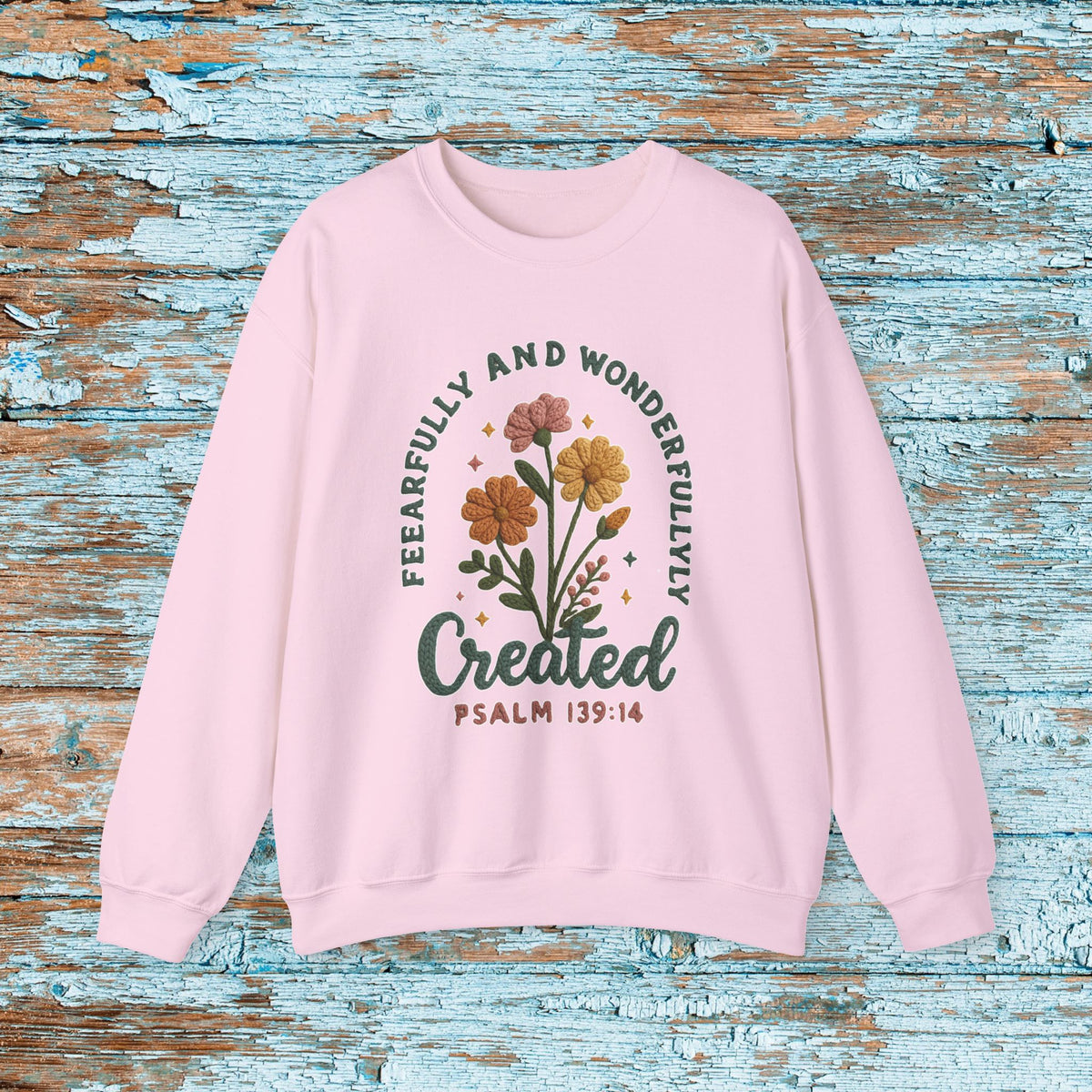 Fearfully and Wonderfully Created Sweatshirt, Psalm 139:14 Christian Crewneck, Faux Crochet Yarn Look Faith Sweater